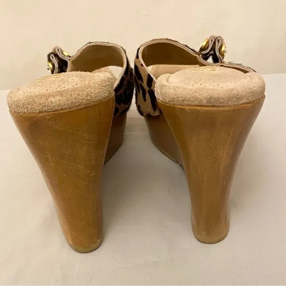 Bridget Glitz Wood Platform Sandals Animal Print Rhinestones Leather Shoes Sz 8