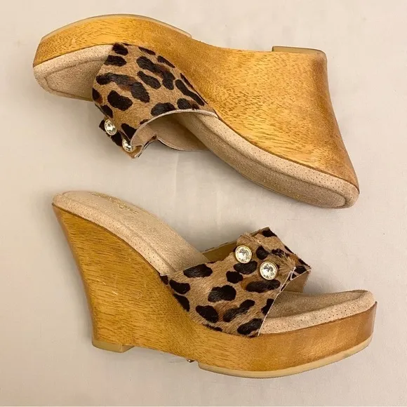 Bridget Glitz Wood Platform Sandals Animal Print Rhinestones Leather Shoes Sz 8