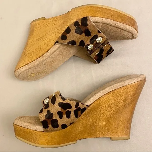 Bridget Glitz Wood Platform Sandals Animal Print Rhinestones Leather Shoes Sz 8
