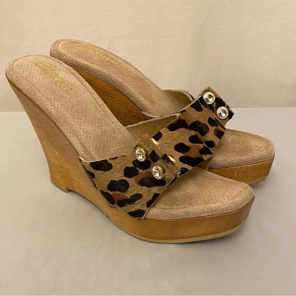 Bridget Glitz Wood Platform Sandals Animal Print Rhinestones Leather Shoes Sz 8