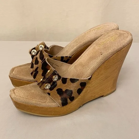 Bridget Glitz Wood Platform Sandals Animal Print Rhinestones Leather Shoes Sz 8