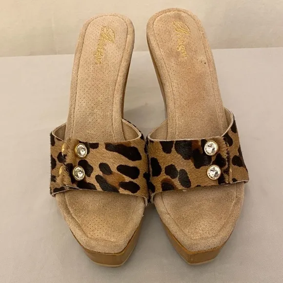 Bridget Glitz Wood Platform Sandals Animal Print Rhinestones Leather Shoes Sz 8
