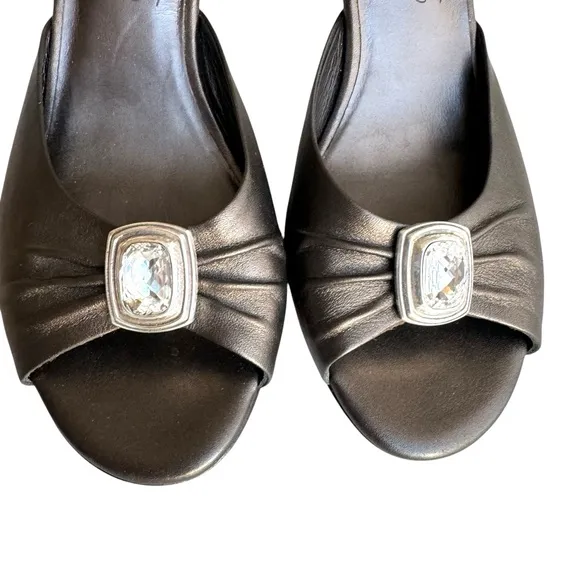 Brighton Russia Metallic Bronze Sandals Rhinestone Leather Heeled Italian Mules
