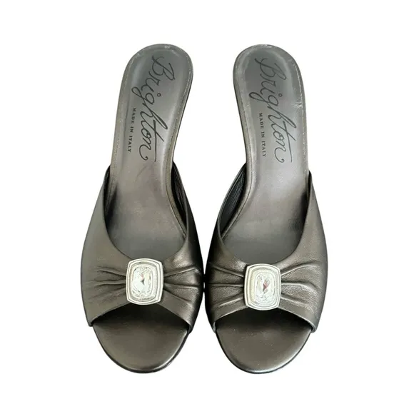 Brighton Russia Metallic Bronze Sandals Rhinestone Leather Heeled Italian Mules