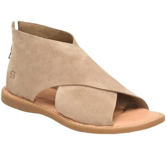 BØRN Born Iwa Comfort Flat Crisscross SANDALS Size 6 Taupe Suede Leather NEW