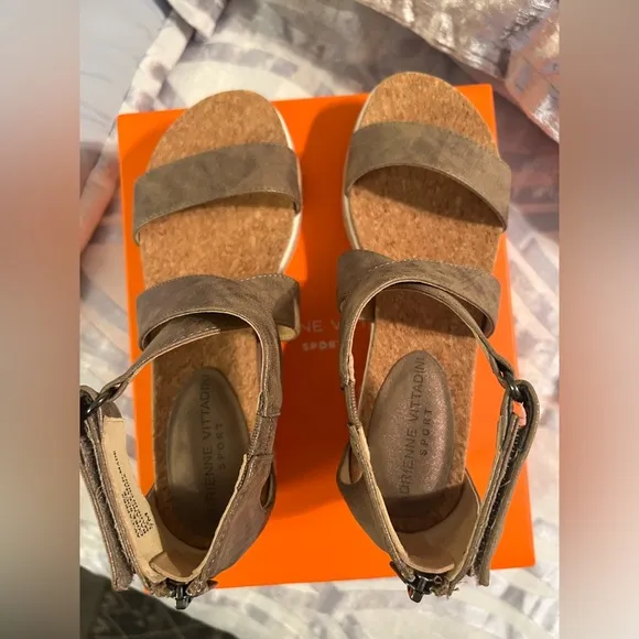 Brown Suede-Like Sandals with Crisscross Straps and Wedge Heel