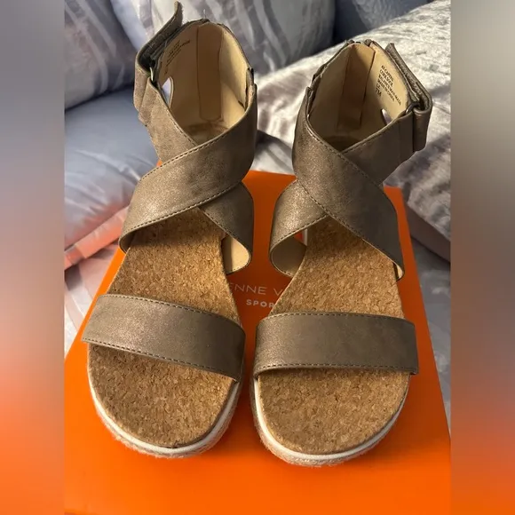 Brown Suede-Like Sandals with Crisscross Straps and Wedge Heel