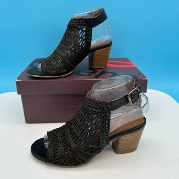 Bueno Women's Candice Leather‎ Geometric Buckle Heeled Sandals, Size 37, Black