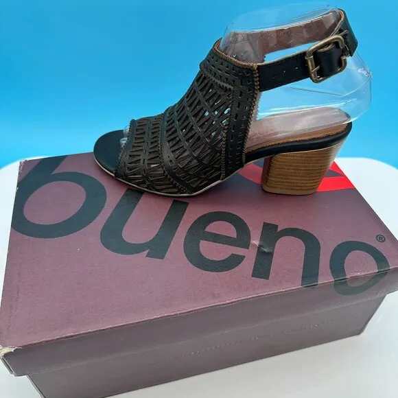 Bueno Women's Candice Leather‎ Geometric Buckle Heeled Sandals, Size 37, Black