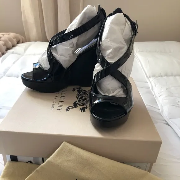 Burberry Black Patent Leather Wedge Sandals 37.5
