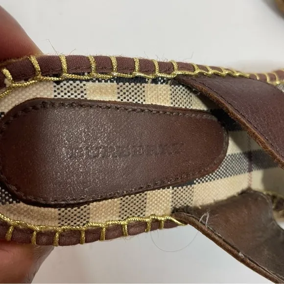 Burberry Nova Check Brown Leather Espadrille Wedge Slides Sandals Sz 8