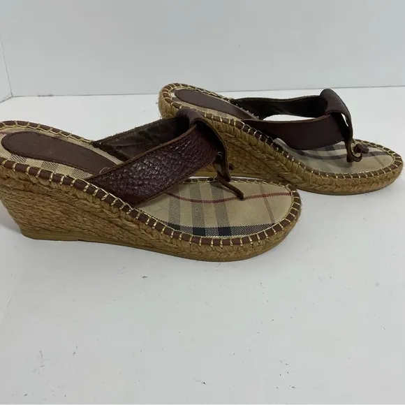 Burberry Nova Check Brown Leather Espadrille Wedge Slides Sandals Sz 8