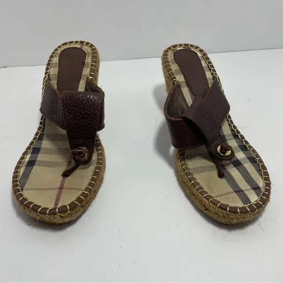 Burberry Nova Check Brown Leather Espadrille Wedge Slides Sandals Sz 8
