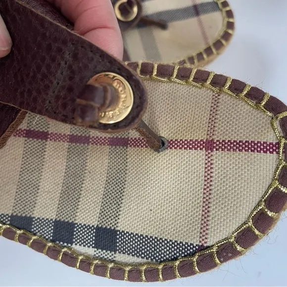Burberry Nova Check Brown Leather Espadrille Wedge Slides Sandals Sz 8