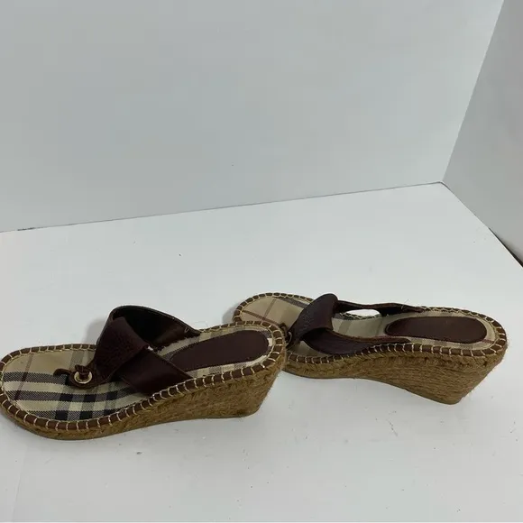 Burberry Nova Check Brown Leather Espadrille Wedge Slides Sandals Sz 8