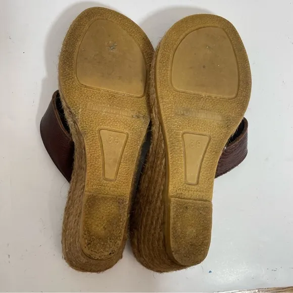 Burberry Nova Check Brown Leather Espadrille Wedge Slides Sandals Sz 8