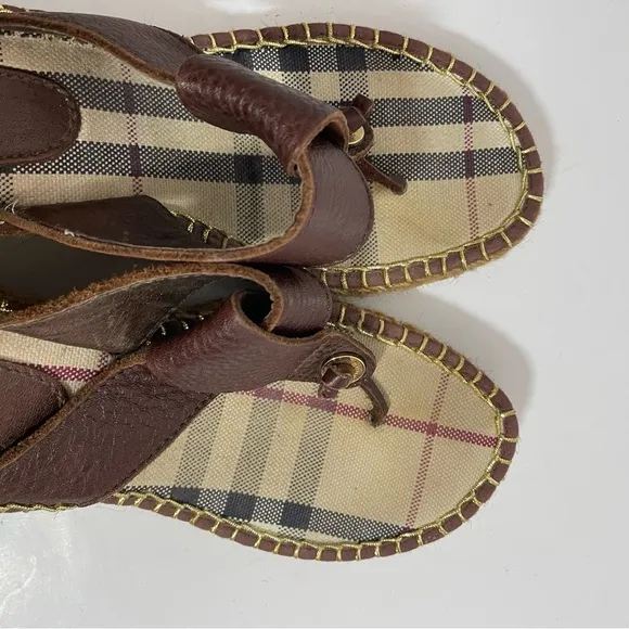 Burberry Nova Check Brown Leather Espadrille Wedge Slides Sandals Sz 8