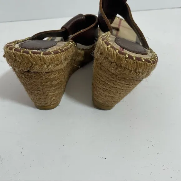 Burberry Nova Check Brown Leather Espadrille Wedge Slides Sandals Sz 8