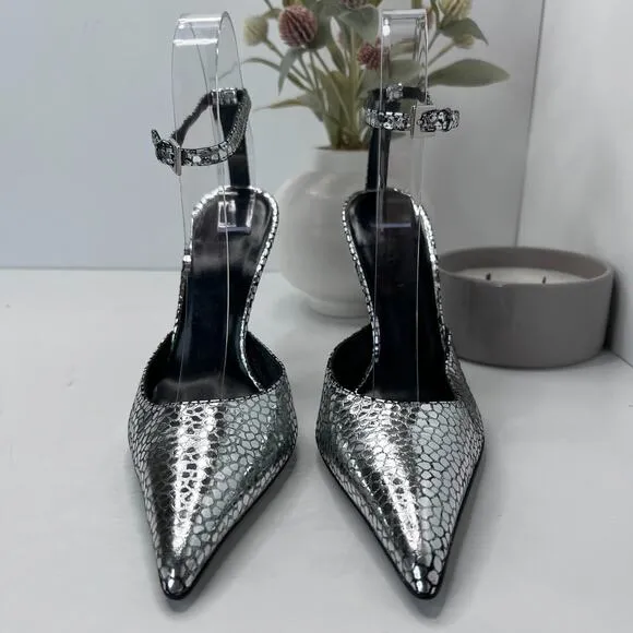 BY FAR Eliza Flagstone Leather Heels Metallic Silver Women's 36/5.5 Ankle Strap