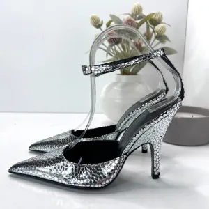BY FAR Eliza Flagstone Leather Heels Metallic Silver Women's 36/5.5 Ankle Strap