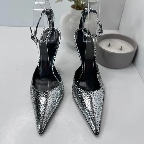 BY FAR Eliza Flagstone Leather Heels Metallic Silver Women's 36/5.5 Ankle Strap
