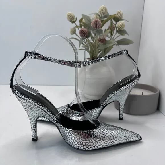 BY FAR Eliza Flagstone Leather Heels Metallic Silver Women's 36/5.5 Ankle Strap