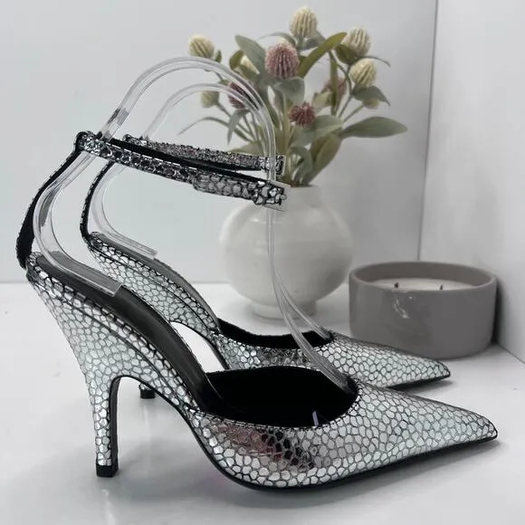 BY FAR Eliza Flagstone Leather Heels Metallic Silver Women's 36/5.5 Ankle Strap