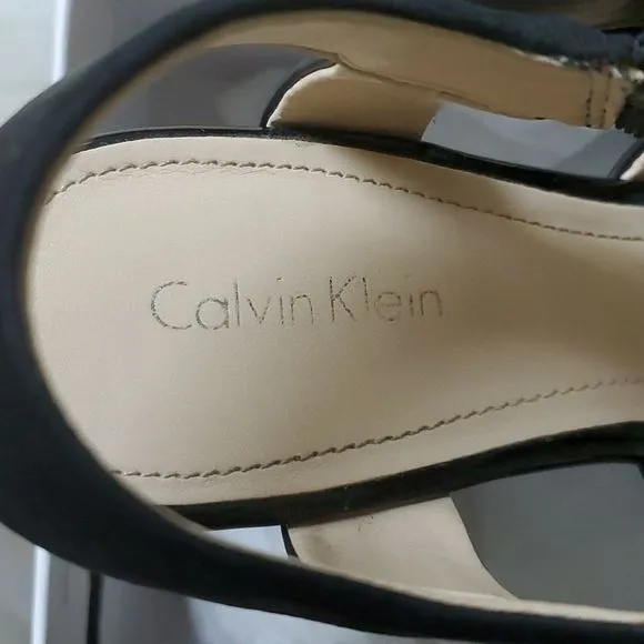 Calvin Klein 9M Ellison espadrille sandals black leather patent &amp; nubuck