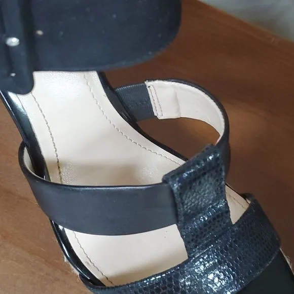 Calvin Klein 9M Ellison espadrille sandals black leather patent &amp; nubuck