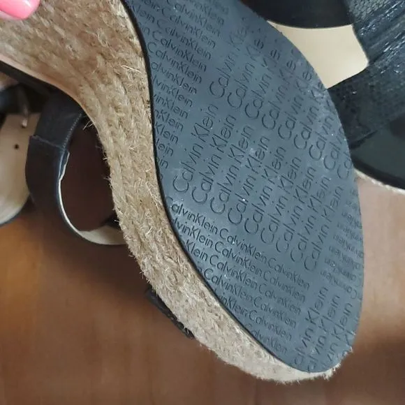 Calvin Klein 9M Ellison espadrille sandals black leather patent &amp; nubuck