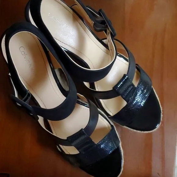Calvin Klein 9M Ellison espadrille sandals black leather patent &amp; nubuck