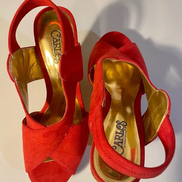 Carlos Santana Sandals Red 6 Carlos by Scarlett Suede Monet 4.5” Cork Heels NWOB