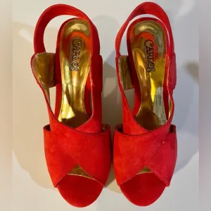 Carlos Santana Sandals Red 6 Carlos by Scarlett Suede Monet 4.5” Cork Heels NWOB