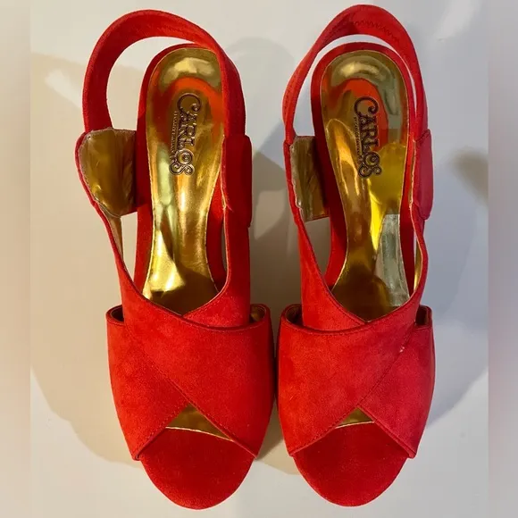 Carlos Santana Sandals Red 6 Carlos by Scarlett Suede Monet 4.5” Cork Heels NWOB