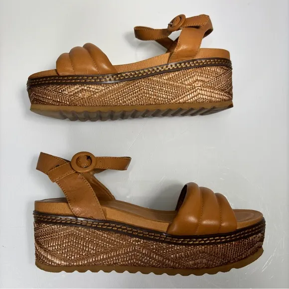 Carmela Camel Rachel Brown Leather Wedge Platform Sandals Size 39