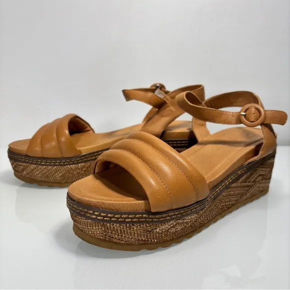 Carmela Camel Rachel Brown Leather Wedge Platform Sandals Size 39
