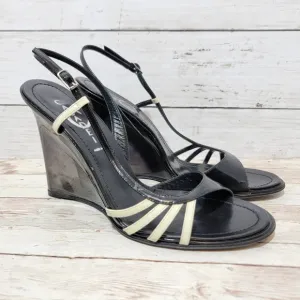 Casadei Black Patent And Cream Wedge Sandals US 8