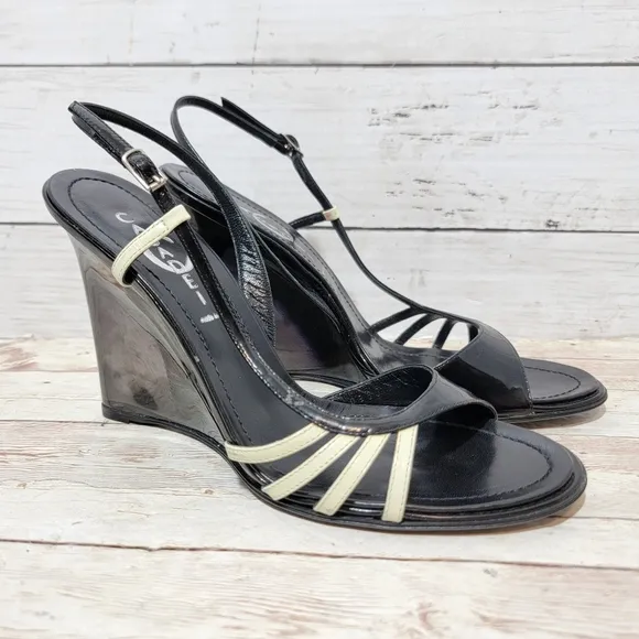 Casadei Black Patent And Cream Wedge Sandals US 8