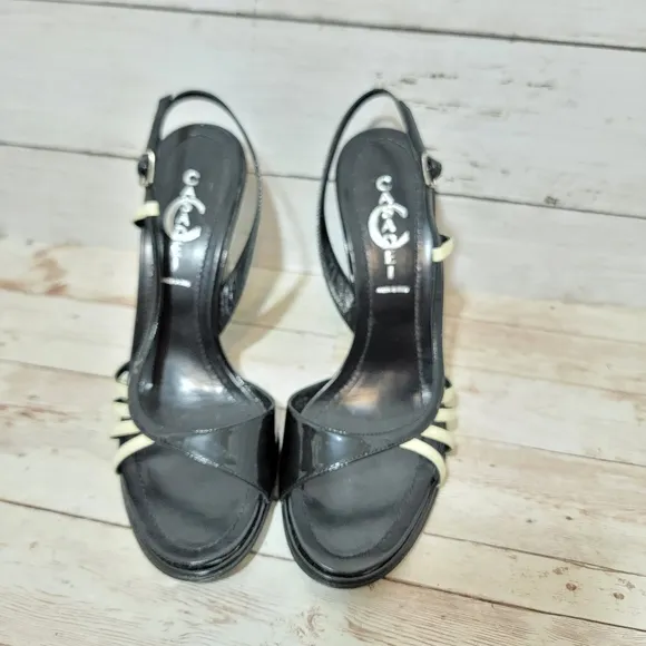 Casadei Black Patent And Cream Wedge Sandals US 8