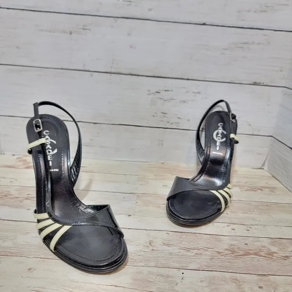 Casadei Black Patent And Cream Wedge Sandals US 8