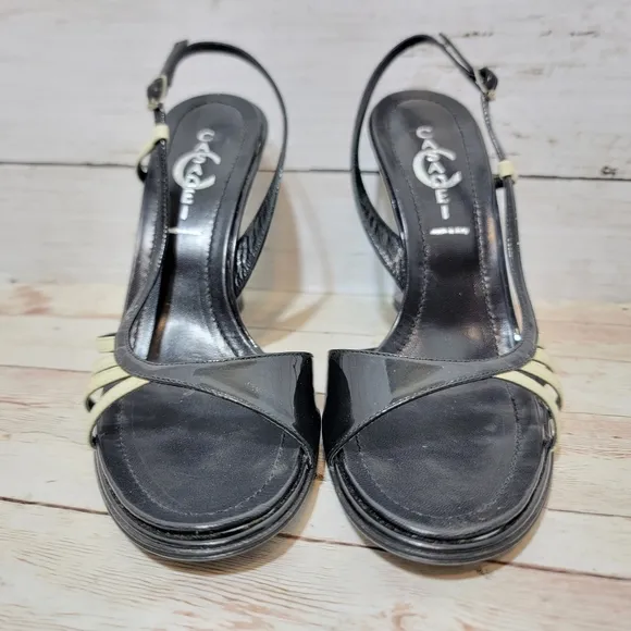 Casadei Black Patent And Cream Wedge Sandals US 8