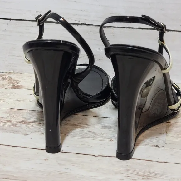 Casadei Black Patent And Cream Wedge Sandals US 8