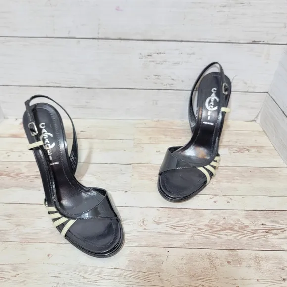 Casadei Black Patent And Cream Wedge Sandals US 8