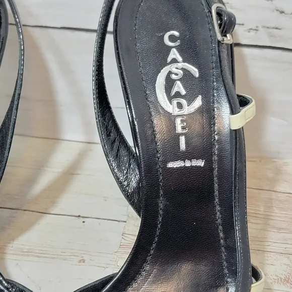 Casadei Black Patent And Cream Wedge Sandals US 8