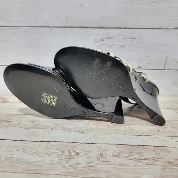 Casadei Black Patent And Cream Wedge Sandals US 8