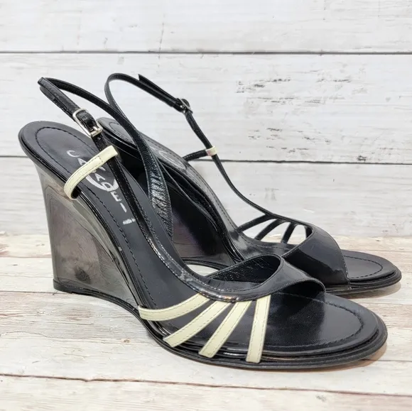 Casadei Black Patent And Cream Wedge Sandals US 8