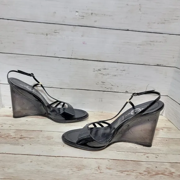 Casadei Black Patent And Cream Wedge Sandals US 8