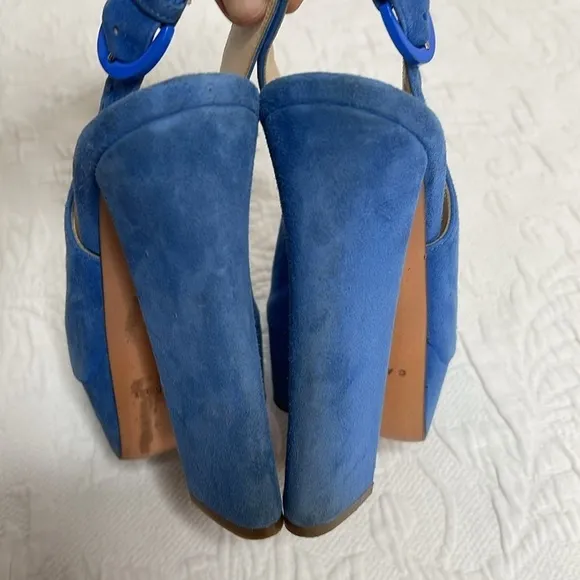 Casadei Blue Suede Platform Open Toe Chunky Heels Sandals Size 6.5
