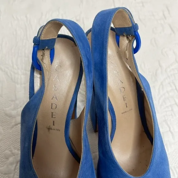 Casadei Blue Suede Platform Open Toe Chunky Heels Sandals Size 6.5