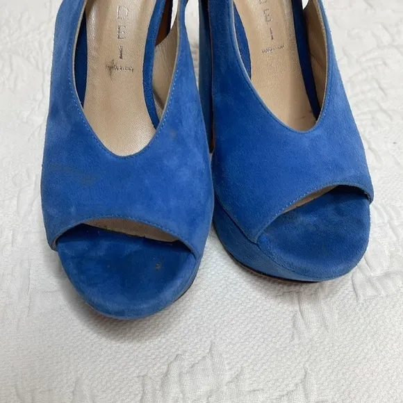 Casadei Blue Suede Platform Open Toe Chunky Heels Sandals Size 6.5